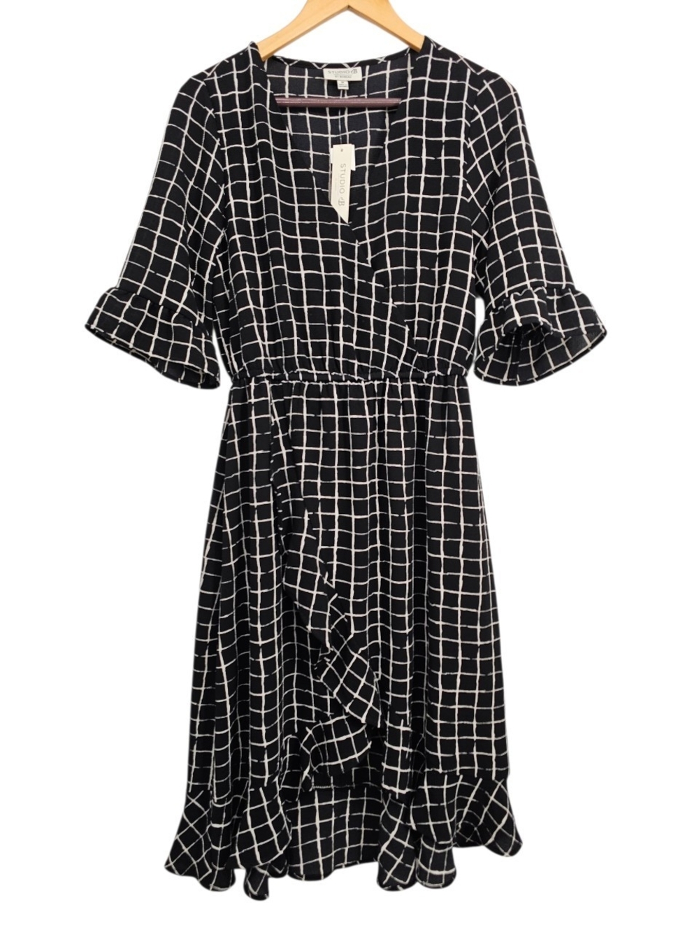 Studio B by Bobeau Dress M Black White Windowpane Ruffle High Low Wrap NWT